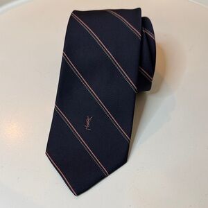 Yves Saint Laurent Vintage Men’s Navy Blue Pink Striped Tie Neckwear Necktie